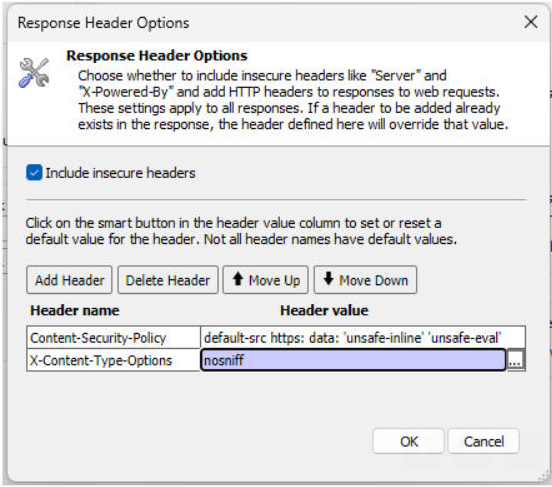 Response header options - example view